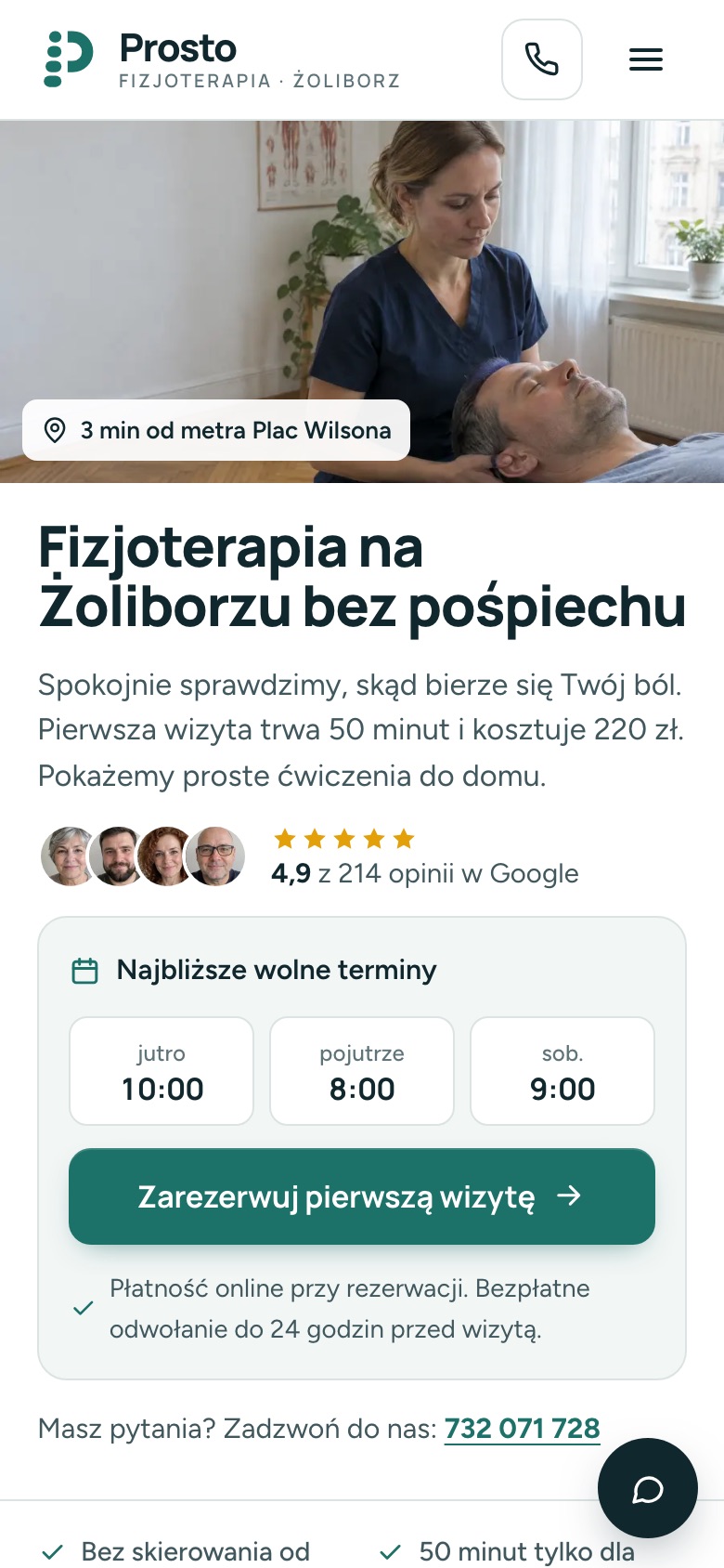 Strona: Gabinet fizjoterapii, widok na telefonie